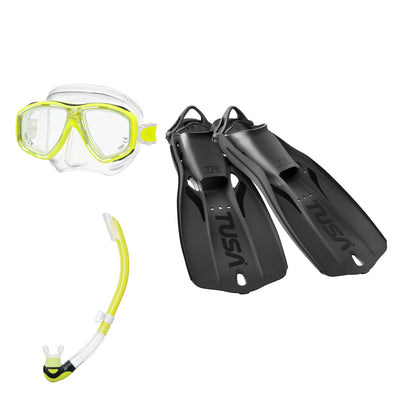 Tusa Freedom Ceos mask and Platina II snorkel in clear and yellow, with Travel Right fins in black