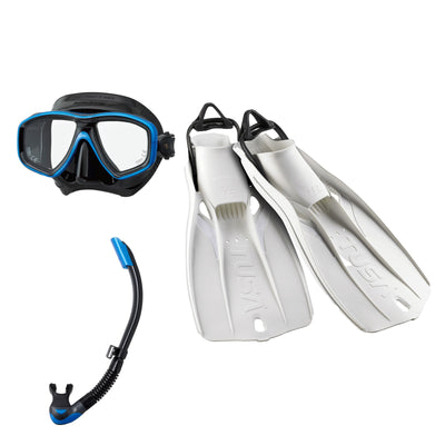 Tusa Freedom Ceos mask and Platina II snorkel in black and blue, with Travel Right fins in white