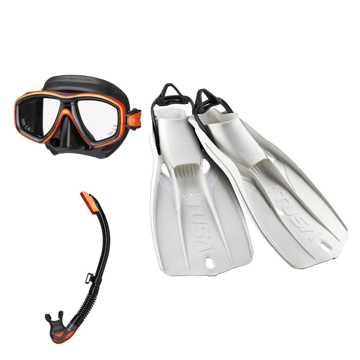 Tusa Freedom Ceos mask and Platina II snorkel in black and orange, with Travel Right fins in white