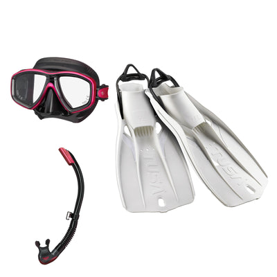 Tusa Freedom Ceos mask and Platina II snorkel in black and pink, with Travel Right fins in white