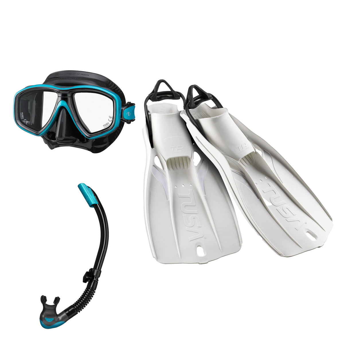 Tusa Freedom Ceos mask and Platina II snorkel in black and turquoise, with Travel Right fins in white