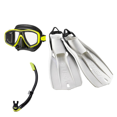 Tusa Freedom Ceos mask and Platina II snorkel in black and yellow, with Travel Right fins in white