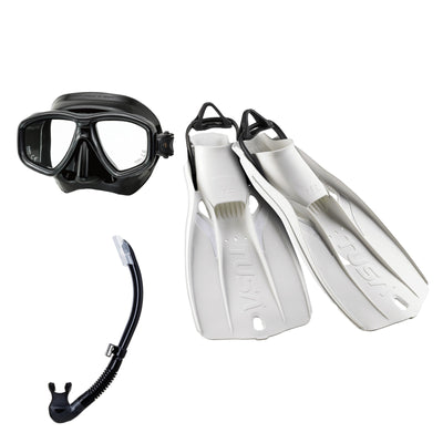 Tusa Freedom Ceos mask and Platina II snorkel in black, with Travel Right fins in white