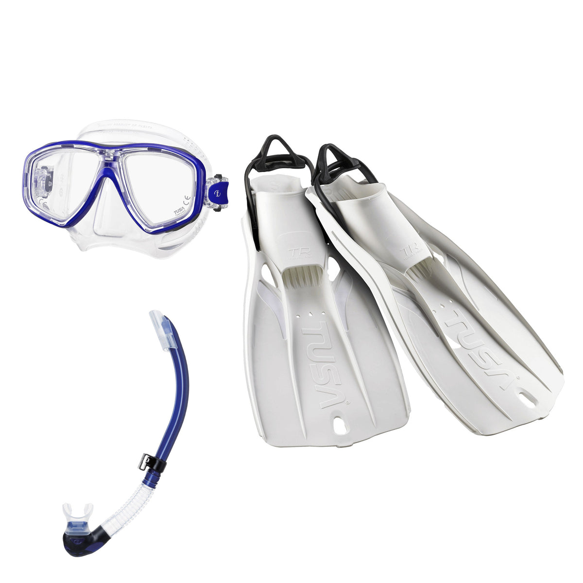 Tusa Freedom Ceos mask and Platina II snorkel in clear and blue, with Travel Right fins in white