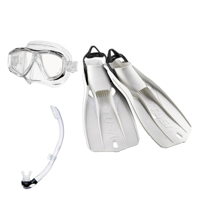 Tusa Freedom Ceos mask and Platina II snorkel in clear, with Travel Right fins in white
