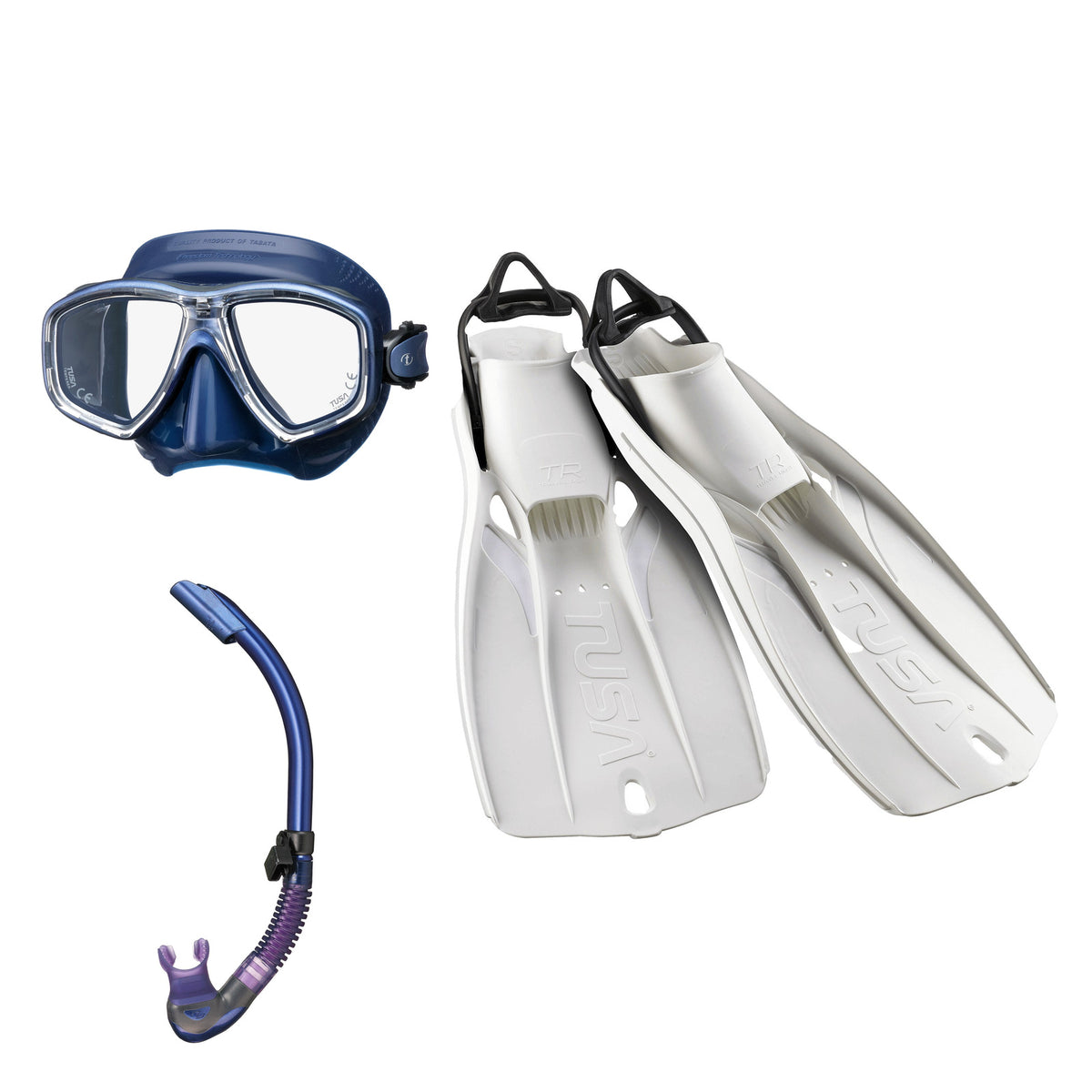 Tusa Freedom Ceos mask and Platina II snorkel in navy, with Travel Right fins in white