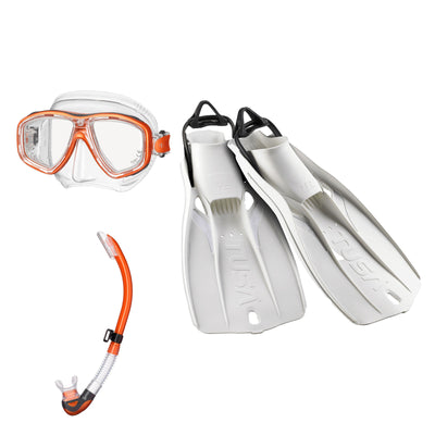 Tusa Freedom Ceos mask and Platina II snorkel in clear and orange, with Travel Right fins in white