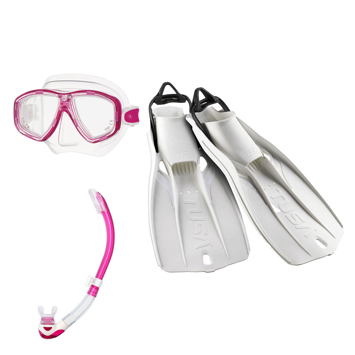 Tusa Freedom Ceos mask and Platina II snorkel in clear and pink, with Travel Right fins in white