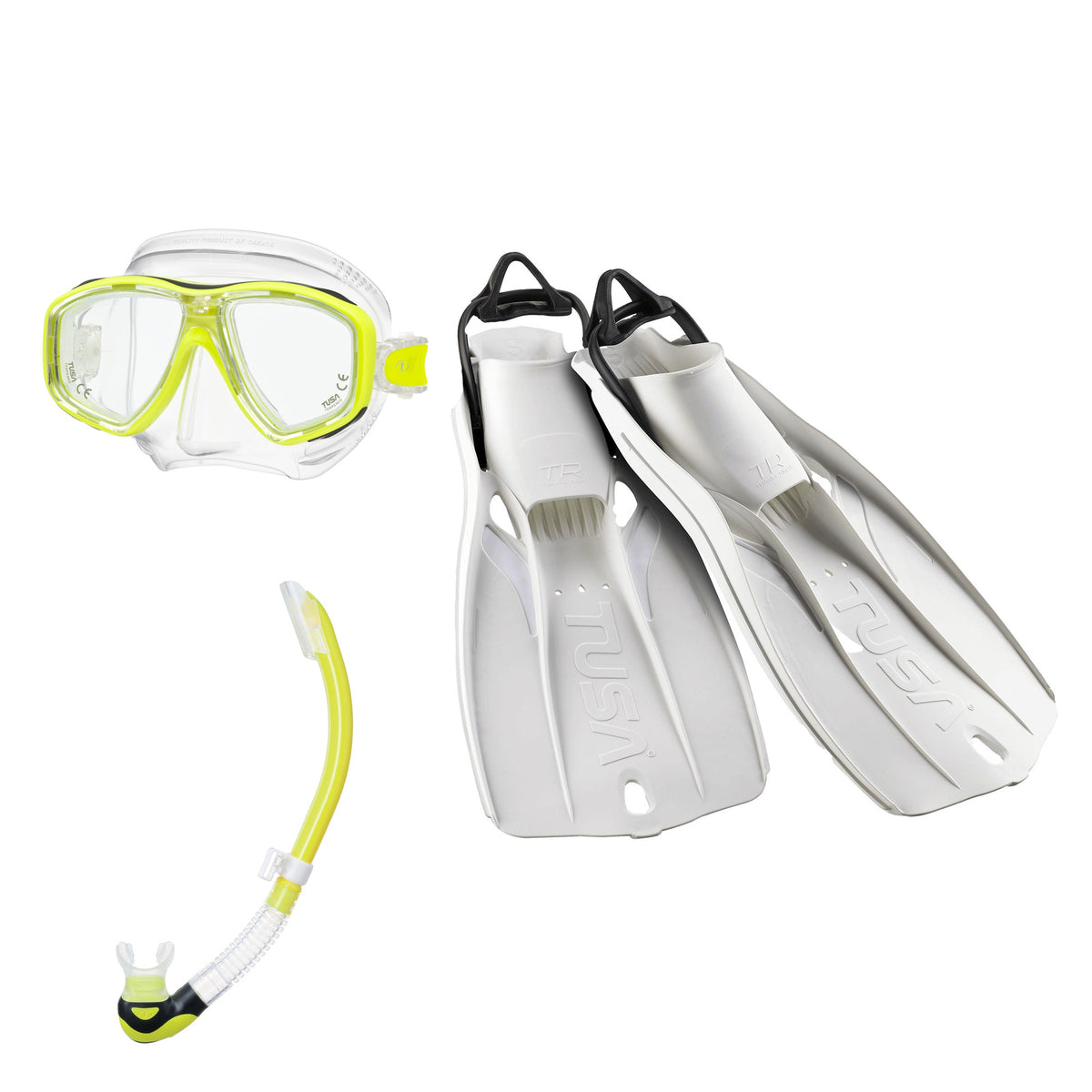 Tusa Freedom Ceos mask and Platina II snorkel in clear and yellow, with Travel Right fins in white