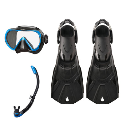 Tusa Ino mask and Platina II snorkel in black and blue, with Hyflex Tri-Force fins in black