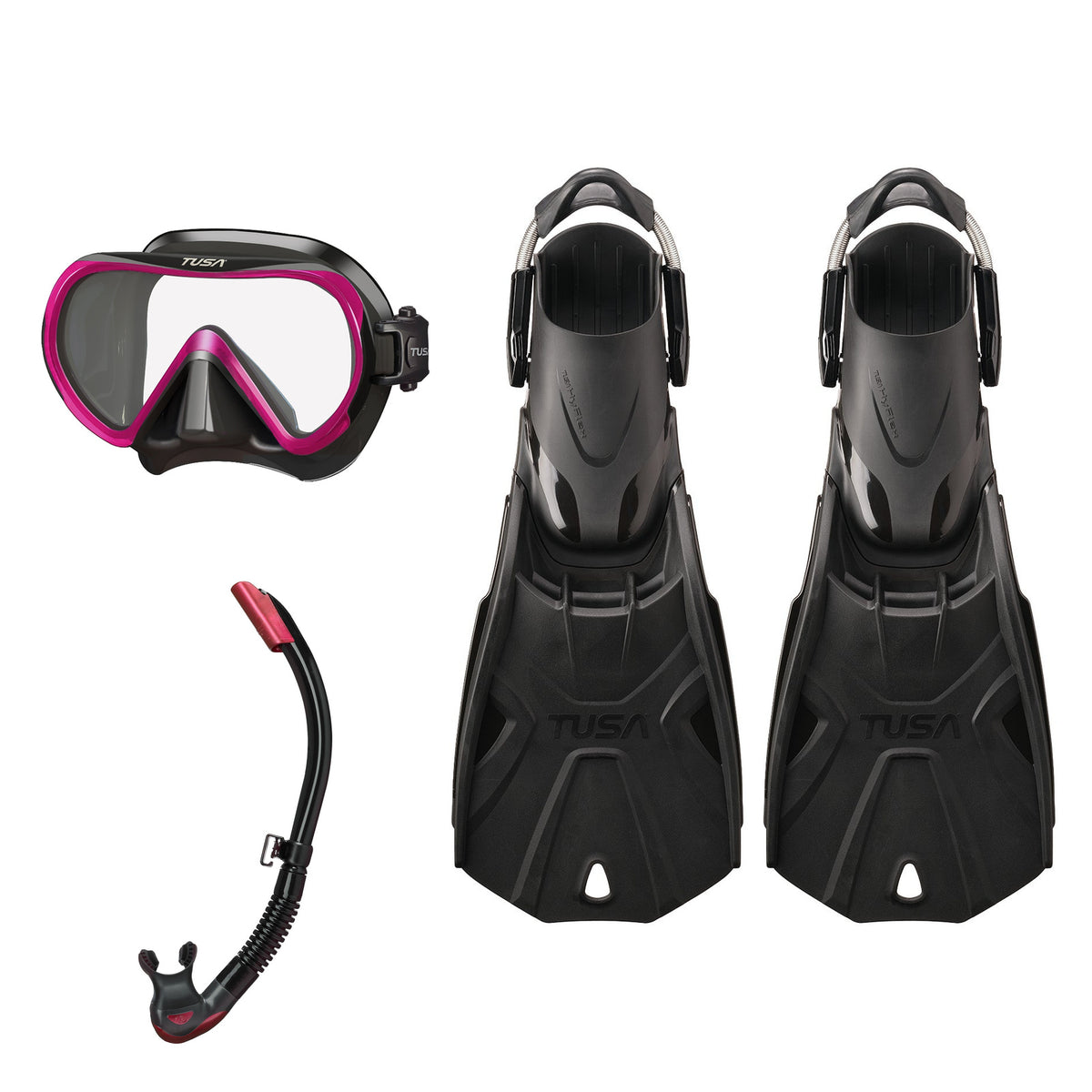 Tusa Ino mask and Platina II snorkel in black and pink, with Hyflex Tri-Force fins in black