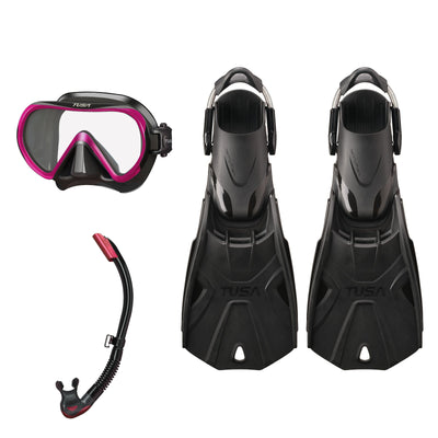 Tusa Ino mask and Platina II snorkel in black and pink, with Hyflex Tri-Force fins in black