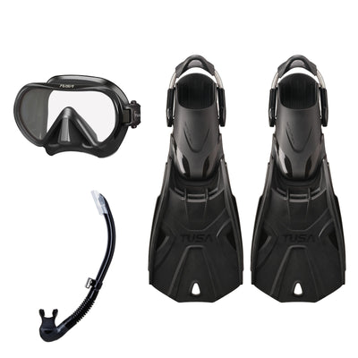 Tusa Ino mask and Platina II snorkel in black, with Hyflex Tri-Force fins in black