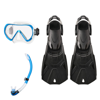 Tusa Ino mask and Platina II snorkel in clear and bright blue, with Hyflex Tri-Force fins in black