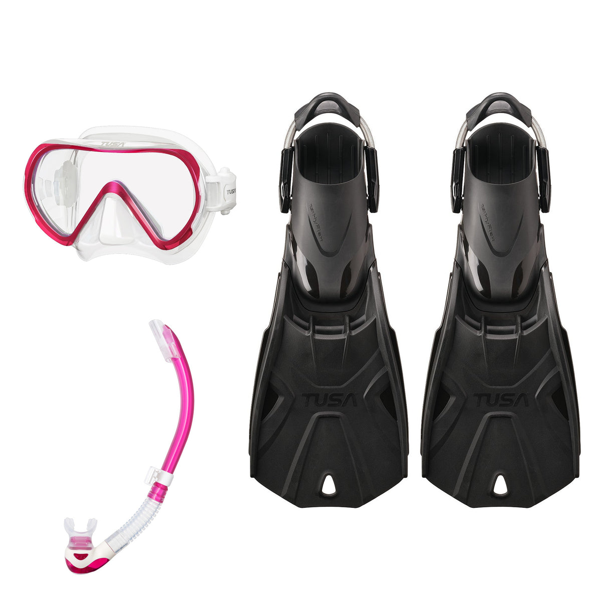 Tusa Ino mask and Platina II snorkel in clear and pink, with Hyflex Tri-Force fins in black