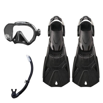 Tusa Zensee mask and Platina II snorkel in black, with Hyflex Tri-Force fins in black