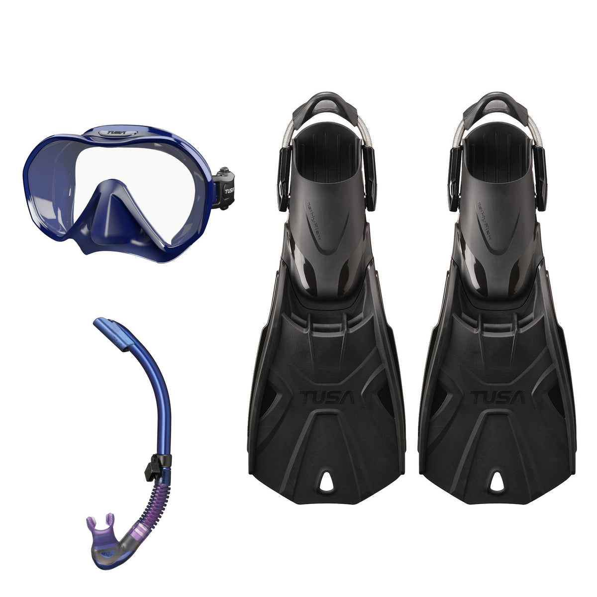 Tusa Zensee mask and Platina II snorkel in navy, with Hyflex Tri-Force fins in black