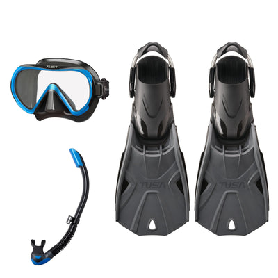 Tusa Ino mask and Platina II snorkel in black and blue, with Hyflex Tri-Force fins in graphite