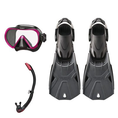 Tusa Ino mask and Platina II snorkel in black and pink, with Hyflex Tri-Force fins in graphite