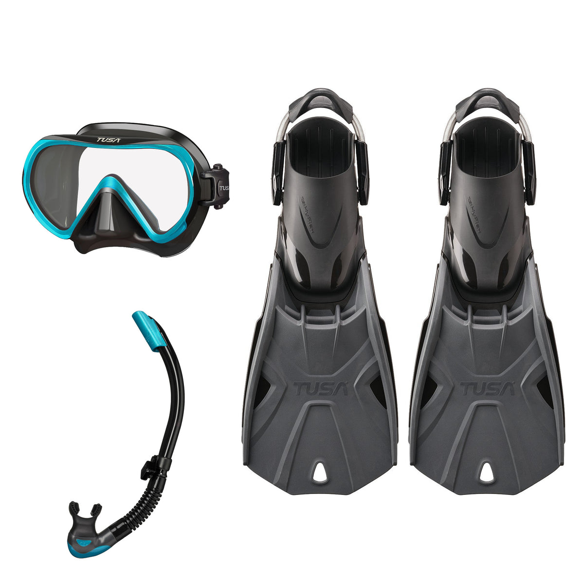 Tusa Ino mask and Platina II snorkel in black and turquoise, with Hyflex Tri-Force fins in graphite