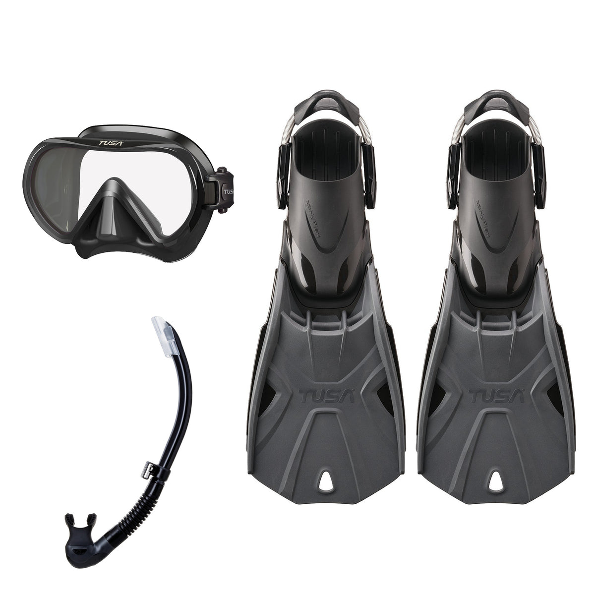 Tusa Ino mask and Platina II snorkel in black, with Hyflex Tri-Force fins in graphite