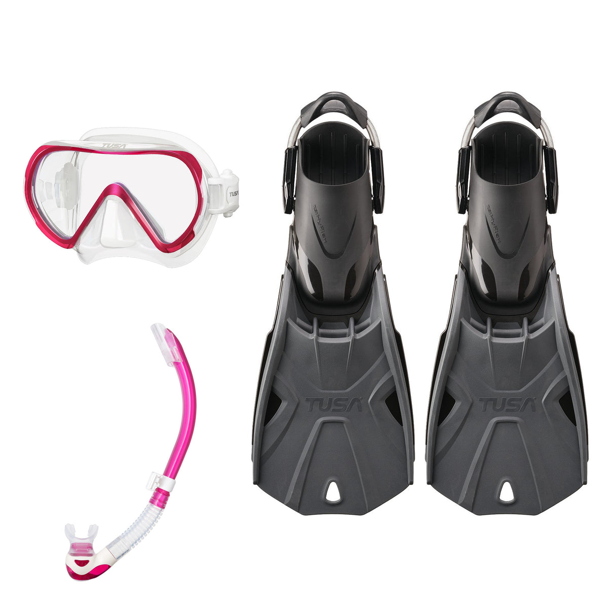 Tusa Ino mask and Platina II snorkel in clear and pink, with Hyflex Tri-Force fins in graphite