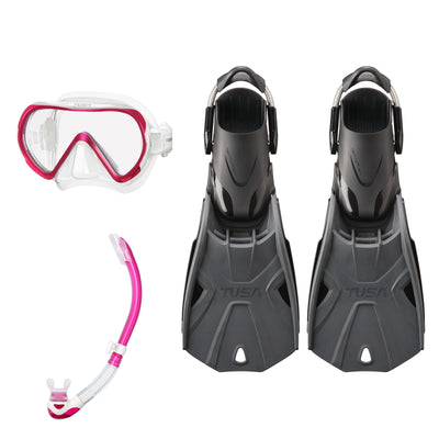 Tusa Ino mask and Platina II snorkel in clear and pink, with Hyflex Tri-Force fins in graphite