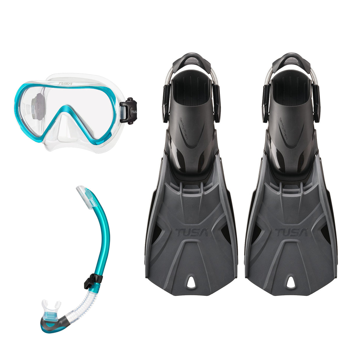 Tusa Ino mask and Platina II snorkel in clear and turquoise, with Hyflex Tri-Force fins in graphite