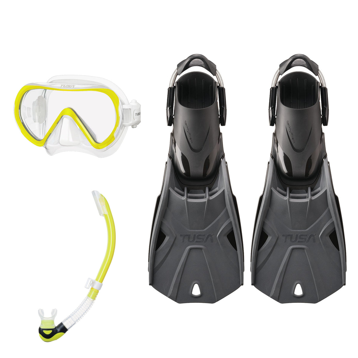 Tusa Ino mask and Platina II snorkel in clear and yellow, with Hyflex Tri-Force fins in graphite