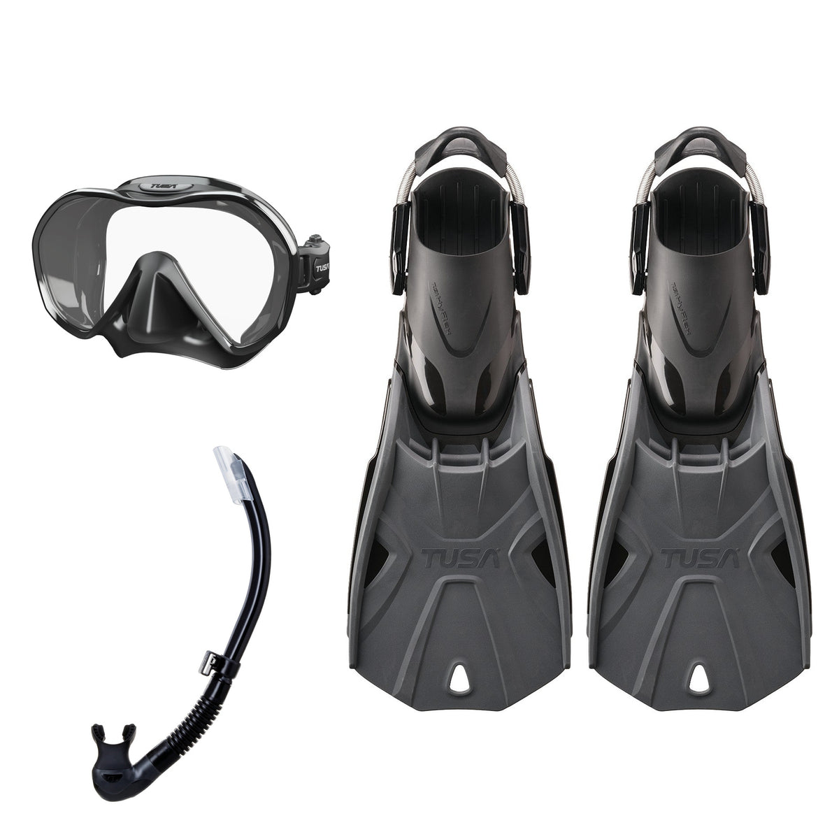Tusa Zensee mask and Platina II snorkel in black, with Hyflex Tri-Force fins in black