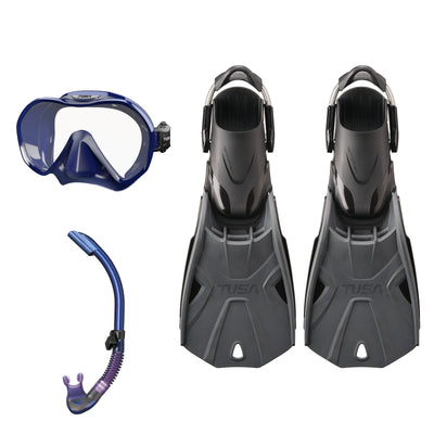 Tusa Zensee mask and Platina II snorkel in navy, with Hyflex Tri-Force fins in graphite