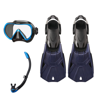 Tusa Ino mask and Platina II snorkel in black and blue, with Hyflex Tri-Force fins in navy