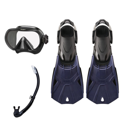 Tusa Ino mask and Platina II snorkel in black, with Hyflex Tri-Force fins in navy