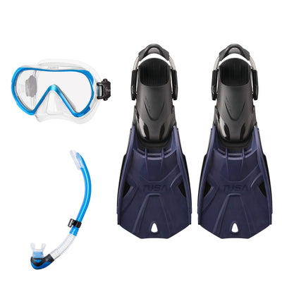 Tusa Ino mask and Platina II snorkel in clear and bright blue, with Hyflex Tri-Force fins in navy