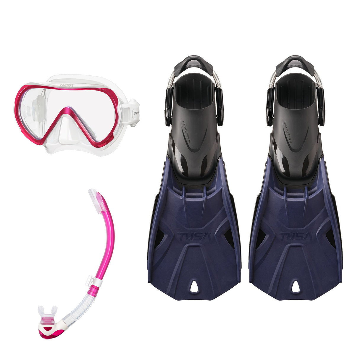 Tusa Ino mask and Platina II snorkel in clear and pink, with Hyflex Tri-Force fins in navy