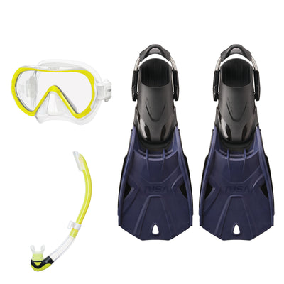Tusa Ino mask and Platina II snorkel in clear and yellow, with Hyflex Tri-Force fins in navy