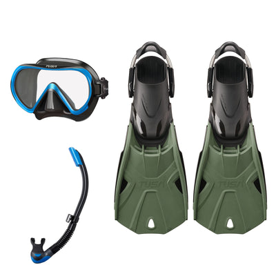 Tusa Ino mask and Platina II snorkel in black and blue, with Hyflex Tri-Force fins in olive
