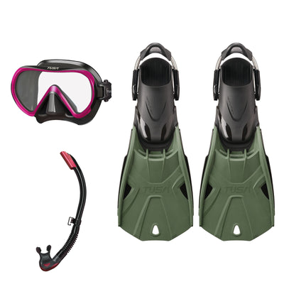 Tusa Ino mask and Platina II snorkel in black and pink, with Hyflex Tri-Force fins in olive