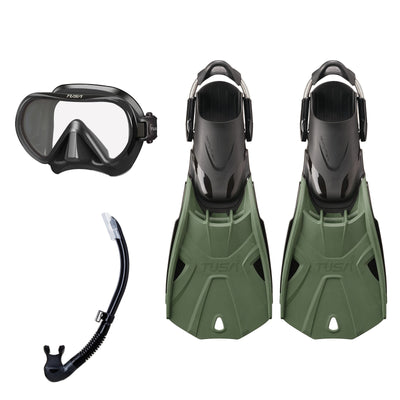 Tusa Ino mask and Platina II snorkel in black, with Hyflex Tri-Force fins in olive
