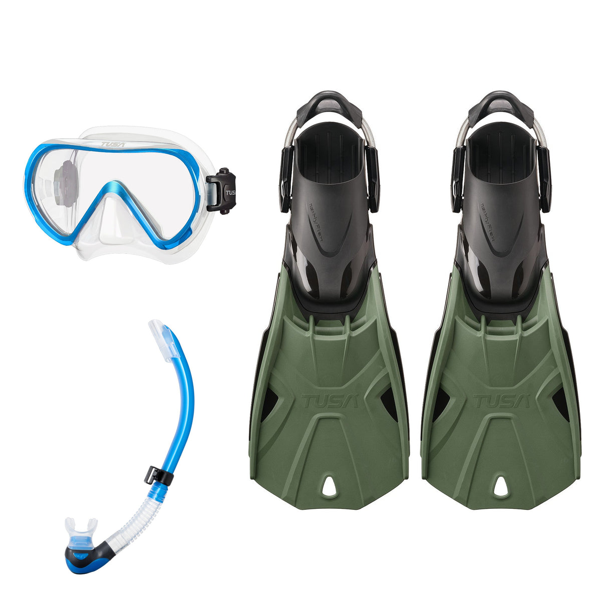 Tusa Ino mask and Platina II snorkel in clear and bright blue, with Hyflex Tri-Force fins in olive