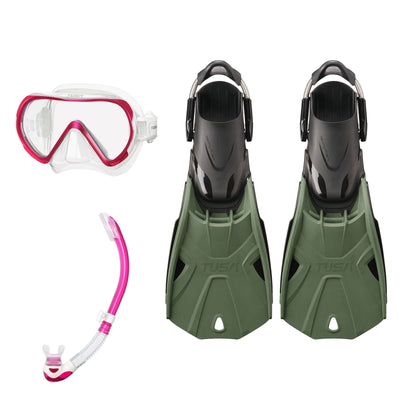 Tusa Ino mask and Platina II snorkel in clear and pink, with Hyflex Tri-Force fins in olive