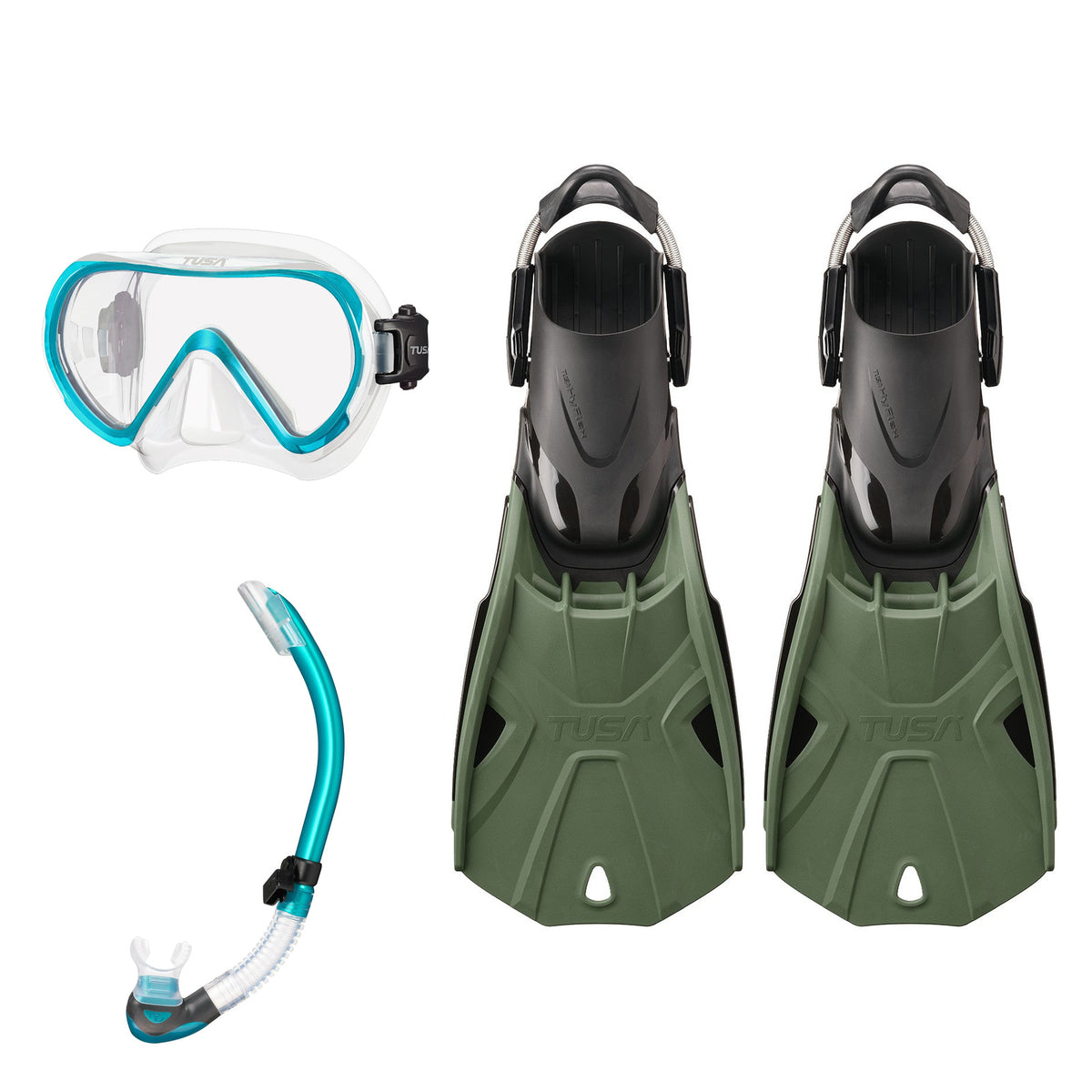 Tusa Ino mask and Platina II snorkel in clear and turquoise, with Hyflex Tri-Force fins in olive