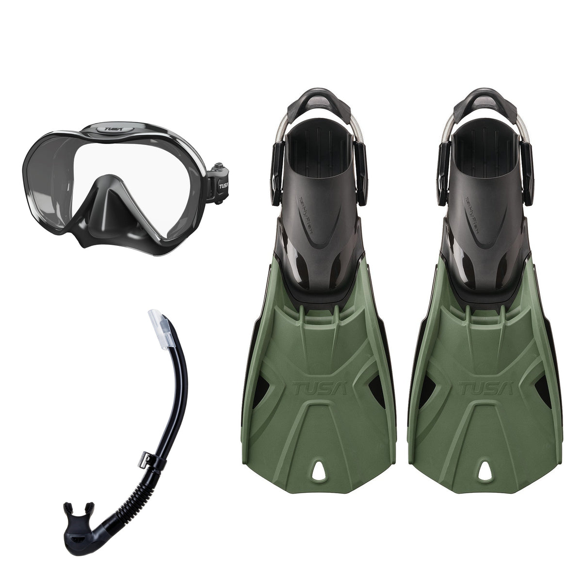 Tusa Zensee mask and Platina II snorkel in black, with Hyflex Tri-Force fins in black