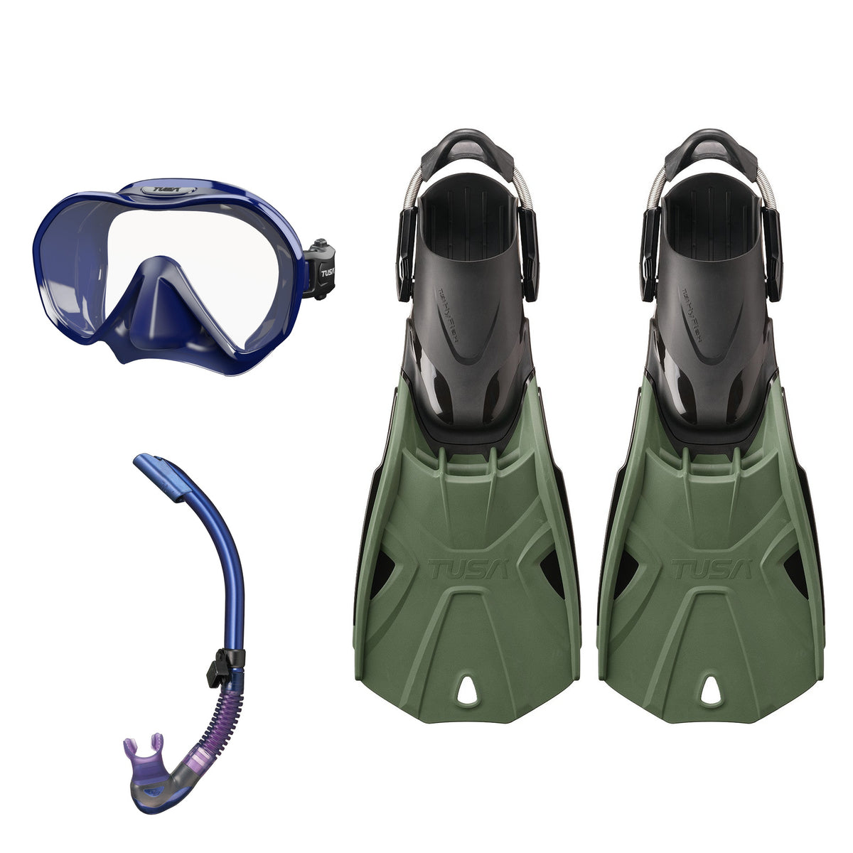 Tusa Zensee mask and Platina II snorkel in navy, with Hyflex Tri-Force fins in olive