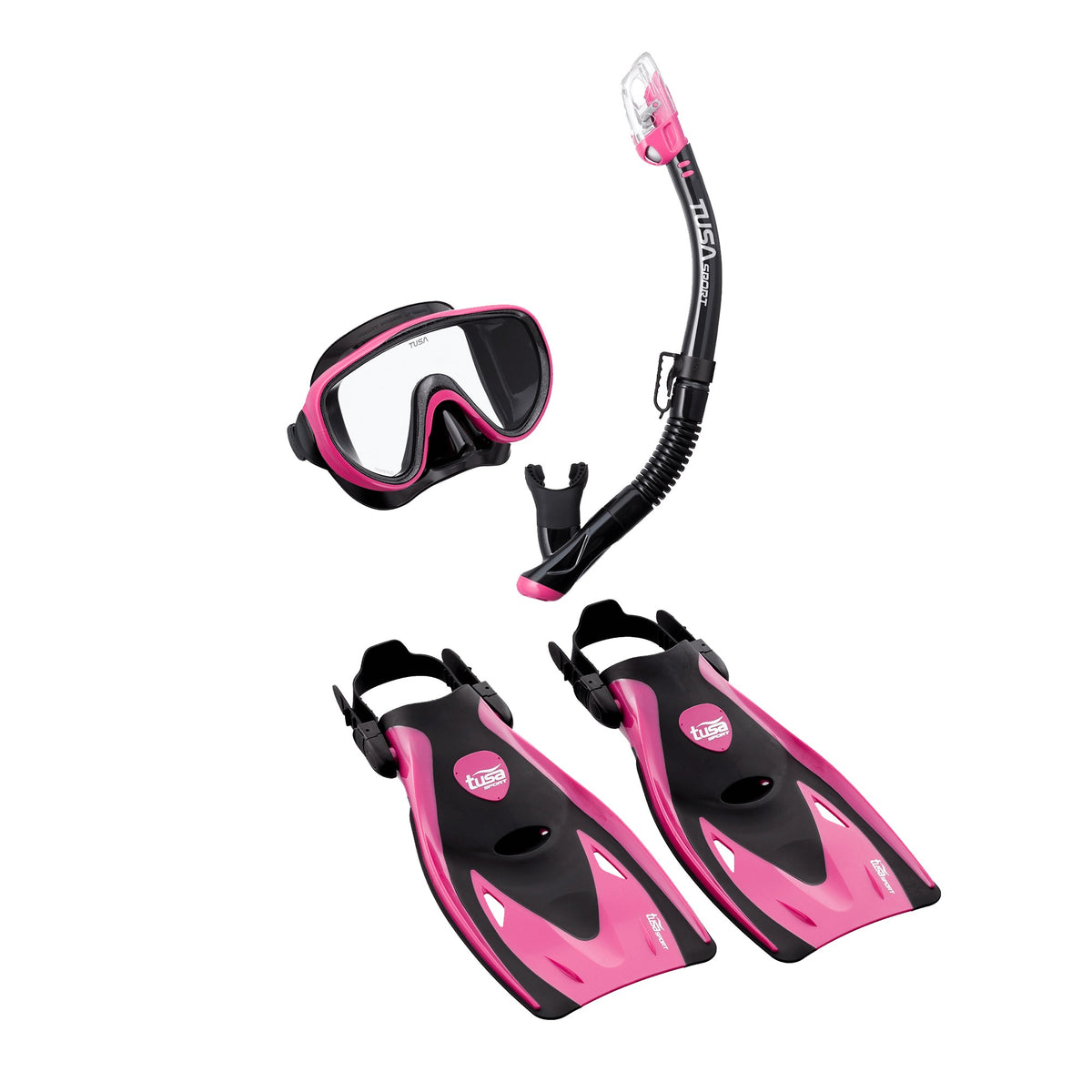 Tusa Serene adult travel set in black and hot pink: mask, dry snorkel and fins