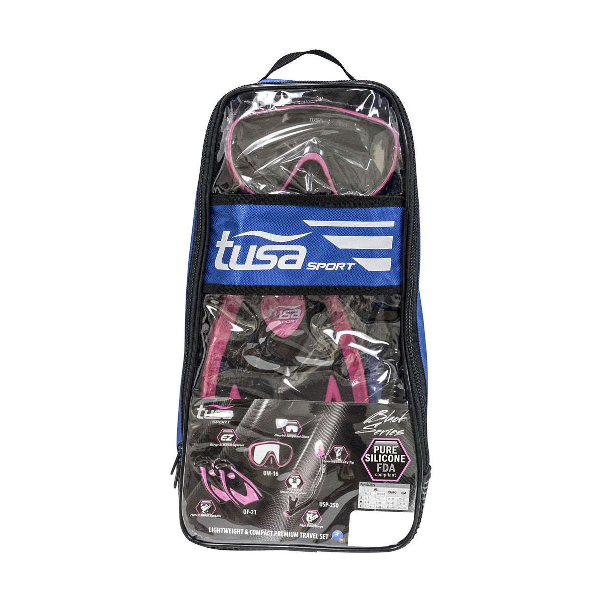 Tusa Serene adult travel set in black and hot pink: mask, dry snorkel and fins