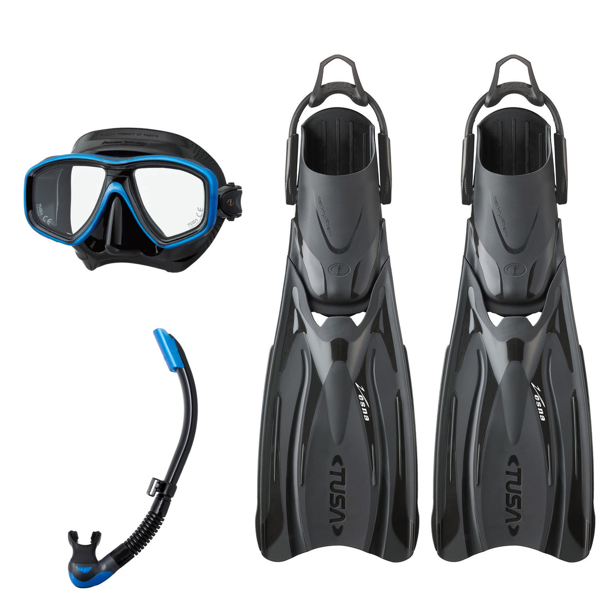 Tusa Freedom Ceos mask and Platina II snorkel in black, with Hyflex Vesna fins in black