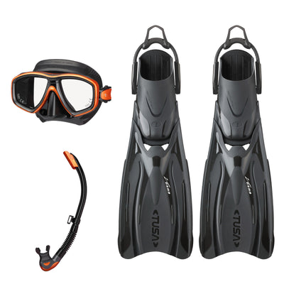 Tusa Freedom Ceos mask and Platina II snorkel in black and orange, with Hyflex Vesna fins in black