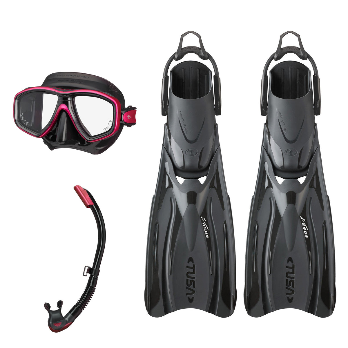 Tusa Freedom Ceos mask and Platina II snorkel in black and pink, with Hyflex Vesna fins in black