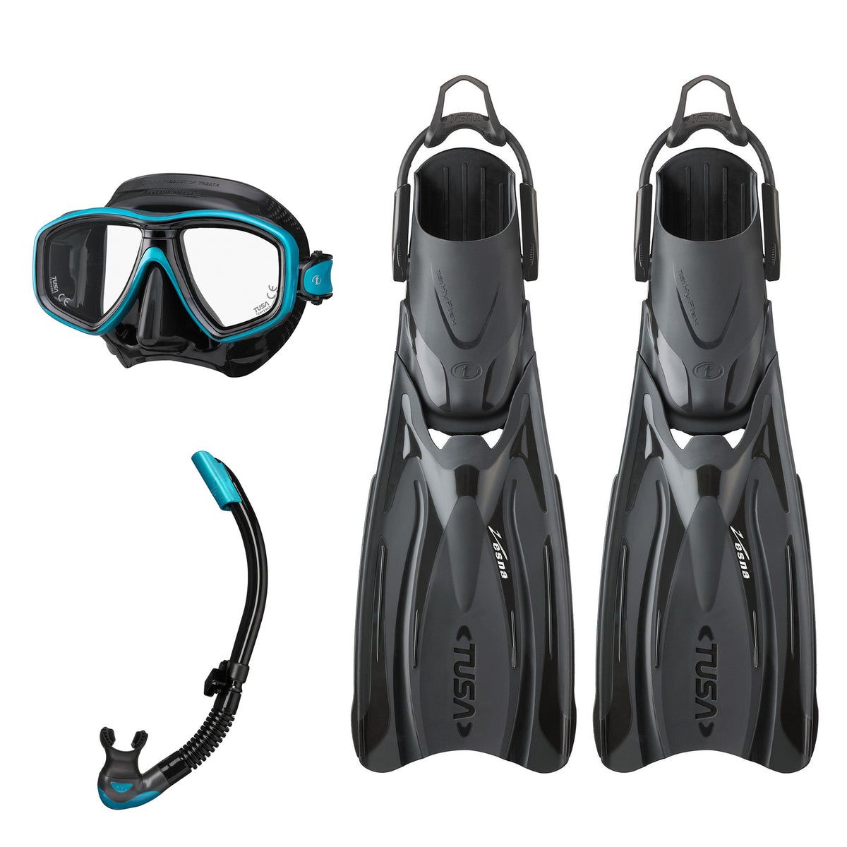 Tusa Freedom Ceos mask and Platina II snorkel in black and turquoise, with Hyflex Vesna fins in black